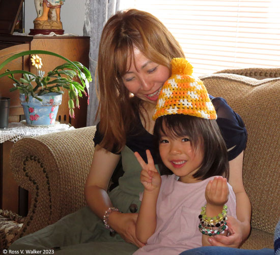 Chisato and Louis Tasaka with hat and bracelets made by Linda Walker