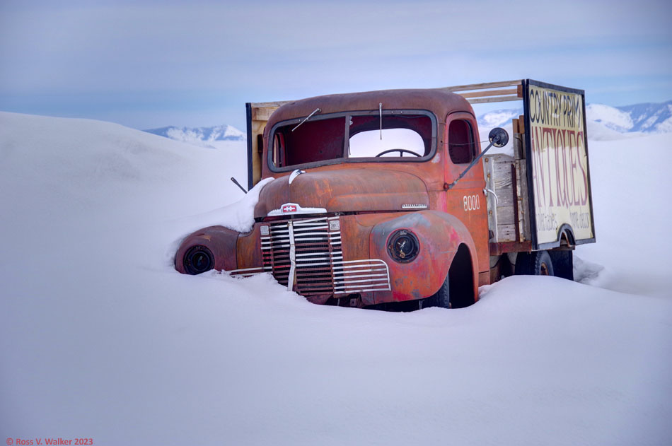 This truck has been repurposed as a sign for an antique store in Bloomington, Idaho