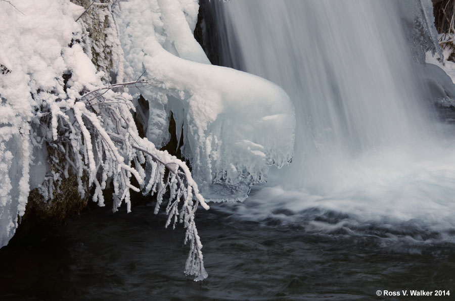 Frost, ice, and waterfall at Pine Creek, Wyoming